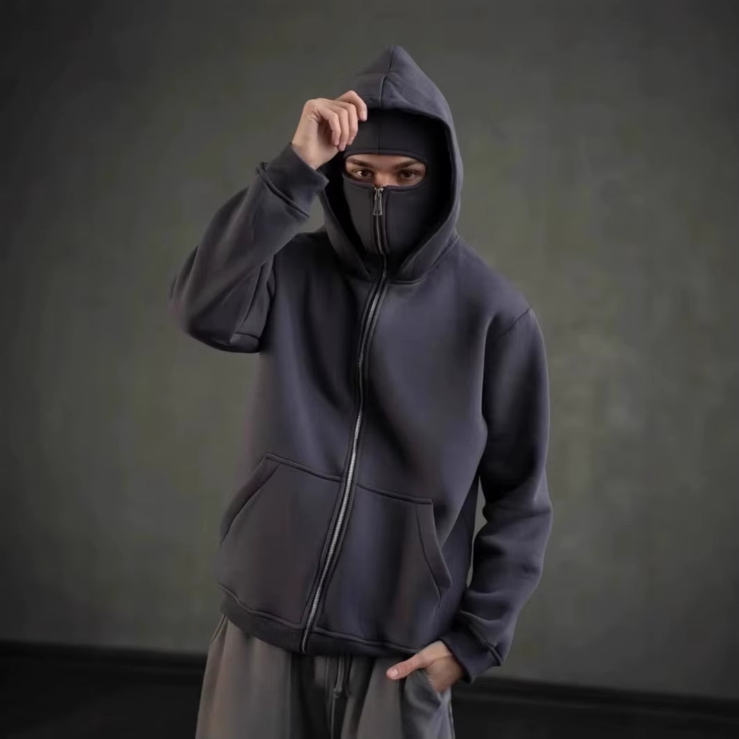 Stay Warm and Stylish: Men's Zip Hoodie with Hooded Face Mask for Casual Outdoor Activities