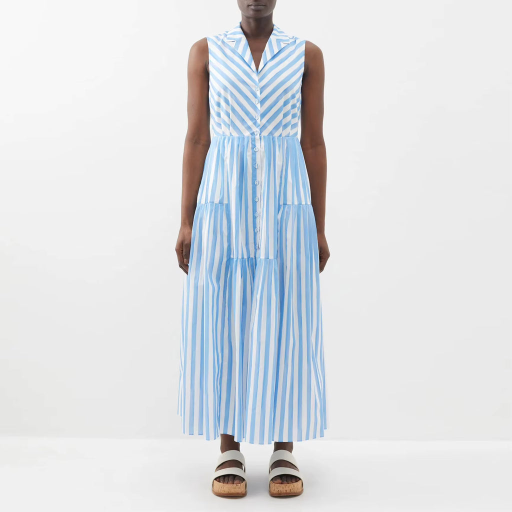 Women Summer Clothing Fashionable Front Button Down Sleeveless High Quality Cotton Striped Maxi Dress
