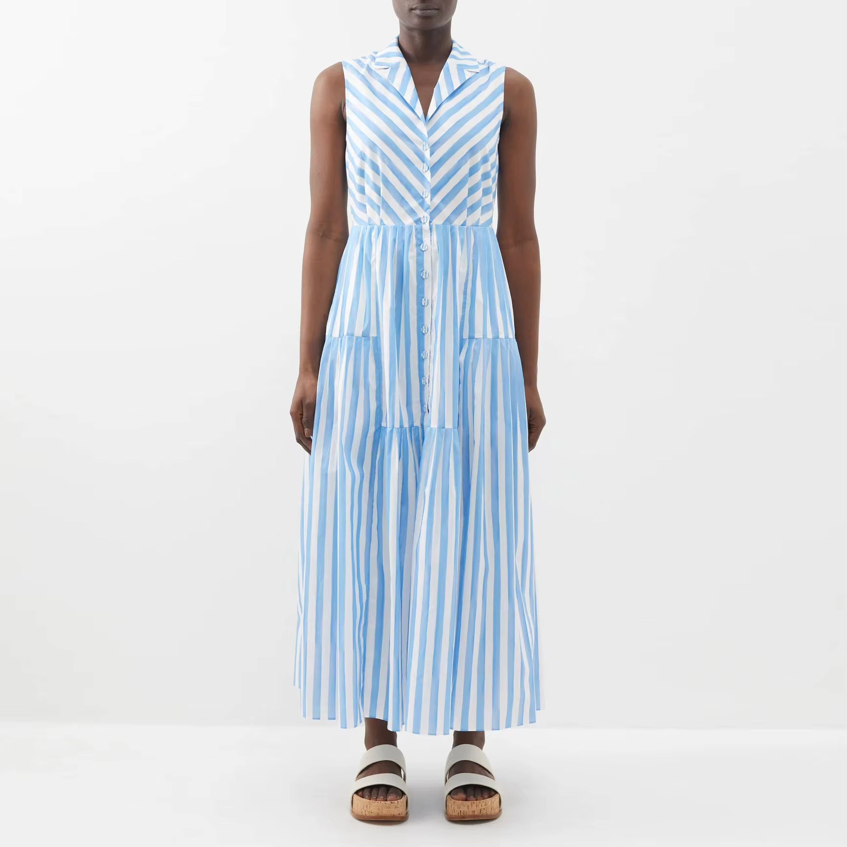 Women Summer Clothing Fashionable Front Button Down Sleeveless High Quality Cotton Striped Maxi Dress