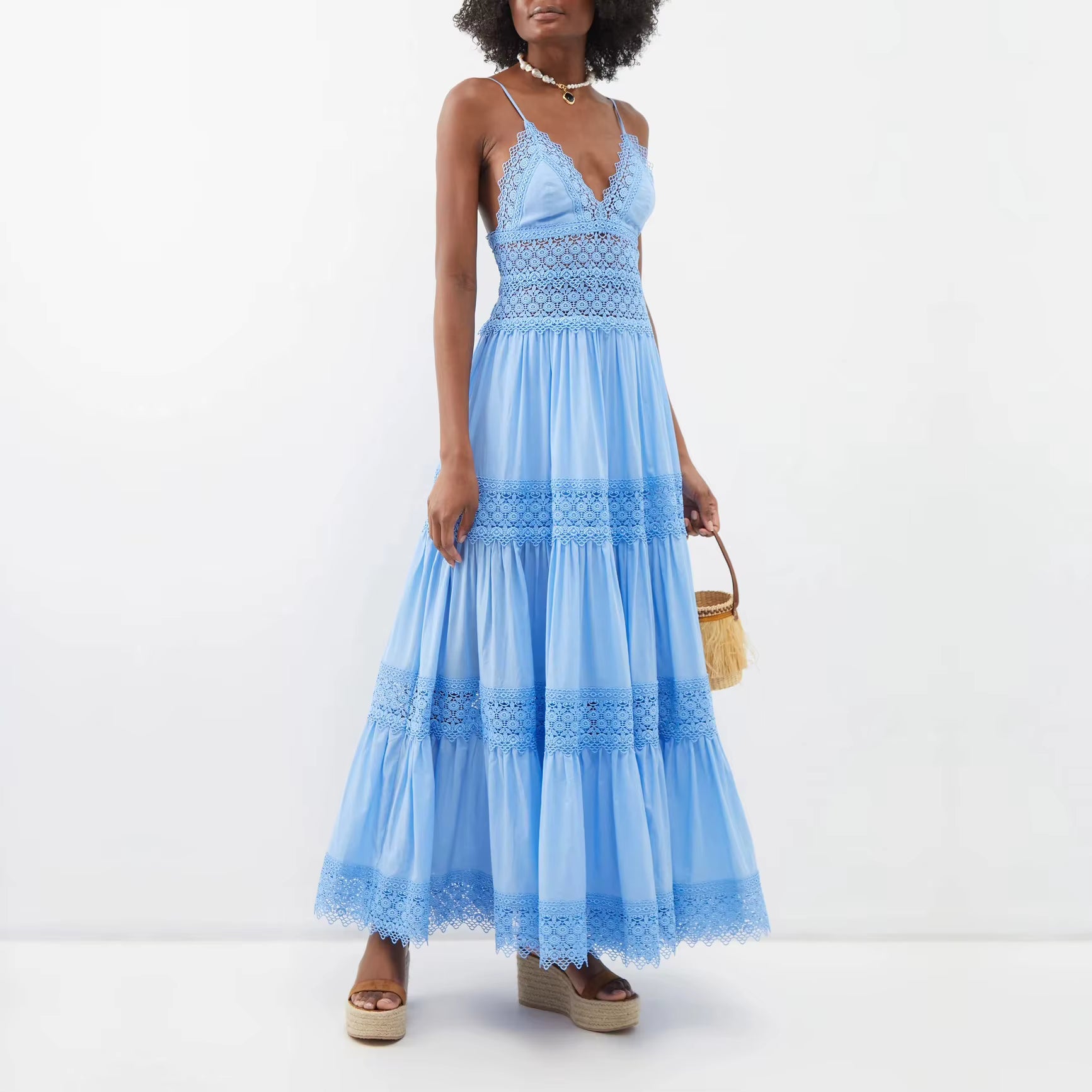 High Quality Summer Dresses V Neck Strap Fashion Lace Chiffon Casual Maxi Long Dresses Women Clothing