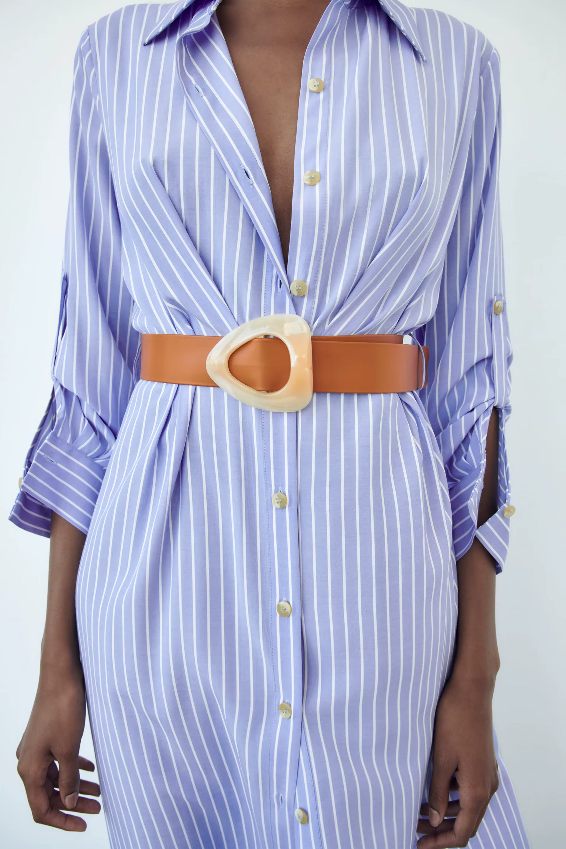 Women Spring Clothes Long Sleeve Belted Front Button up Shirt Cotton Striped Dress Women