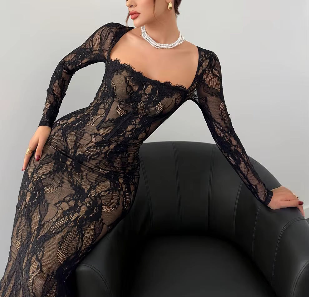 Party Dress Square Collar Ruffle Lace Decoration Eco-Friendly Maxi Length Woven Breathable Waistline Elegant Style