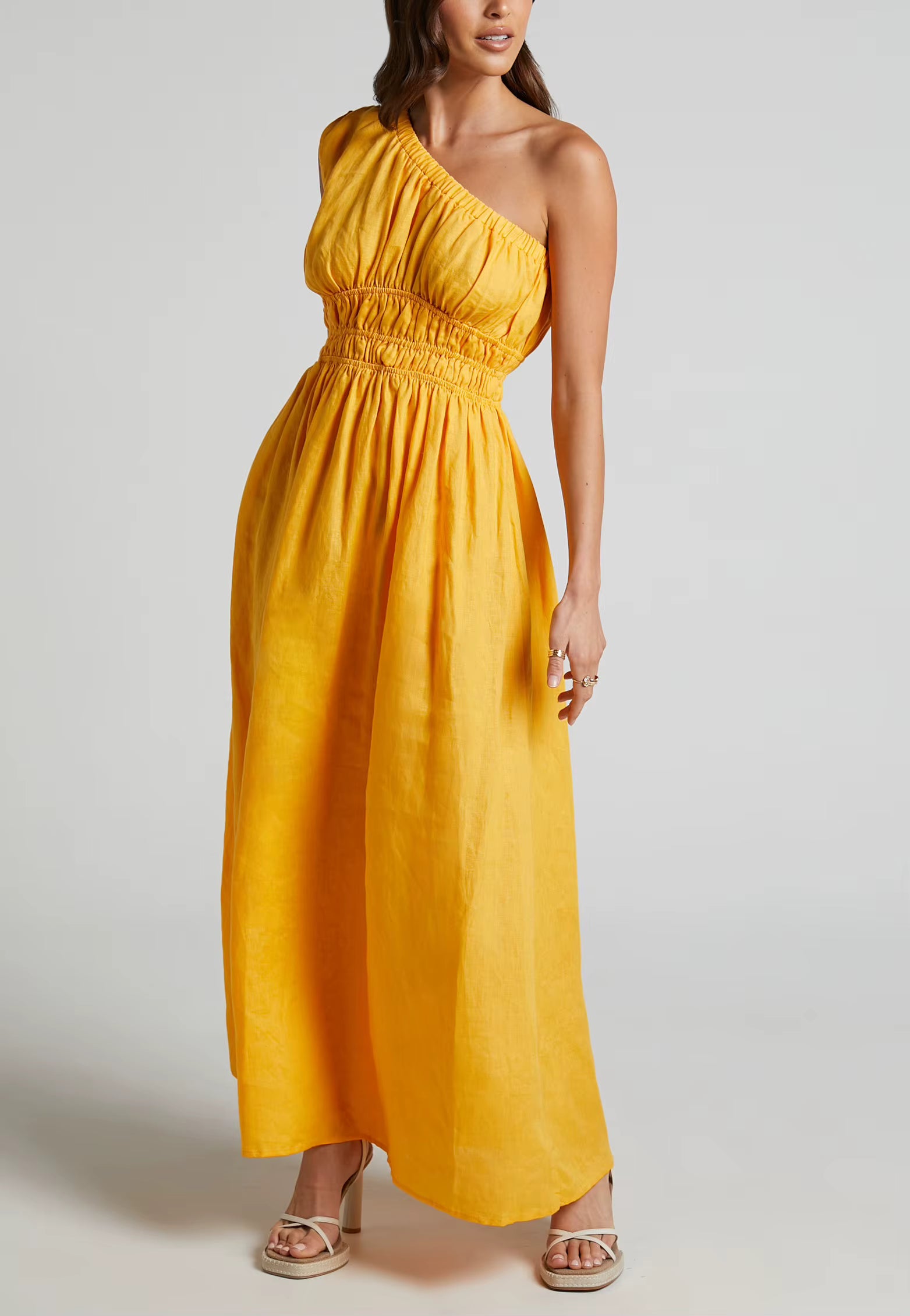 Long Smock Dress High Quality One Shoulder Cotton Linen Gathered Waist Maxi Dress