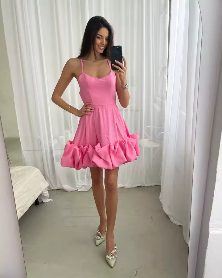 2025 Summer Fashion Women's Casual Mini Dress Off-Neck Strapless With Ruffled Hem 3D Patchwork Slim Fit Sleeveless