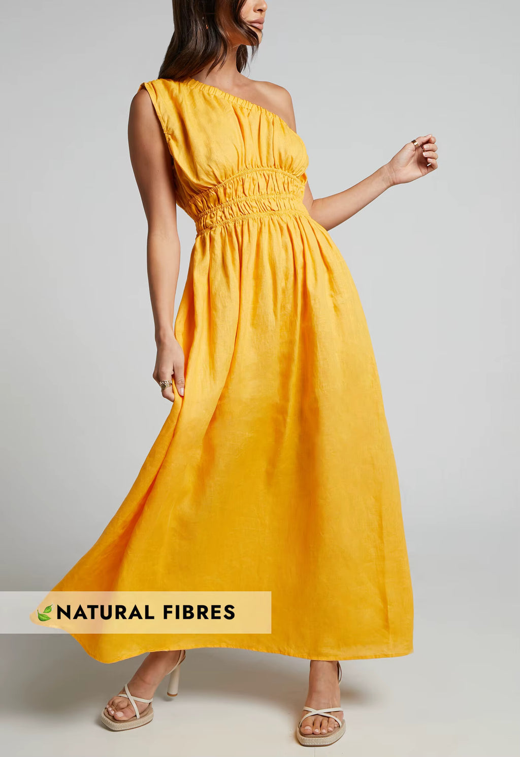 Long Smock Dress High Quality One Shoulder Cotton Linen Gathered Waist Maxi Dress