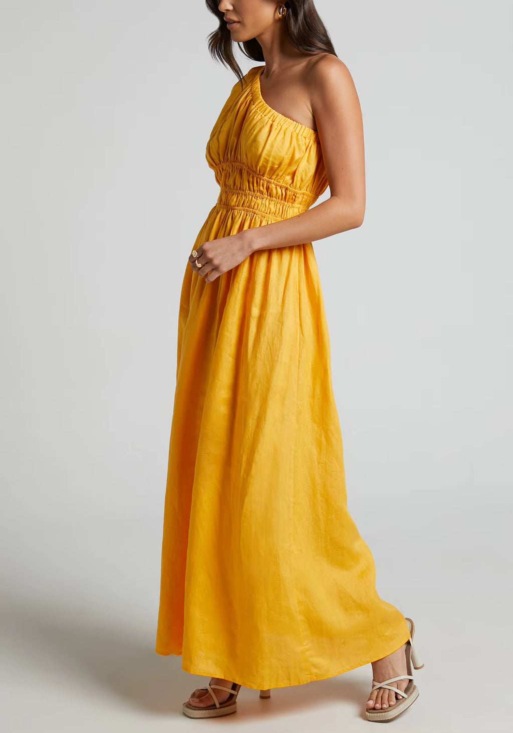 Long Smock Dress High Quality One Shoulder Cotton Linen Gathered Waist Maxi Dress