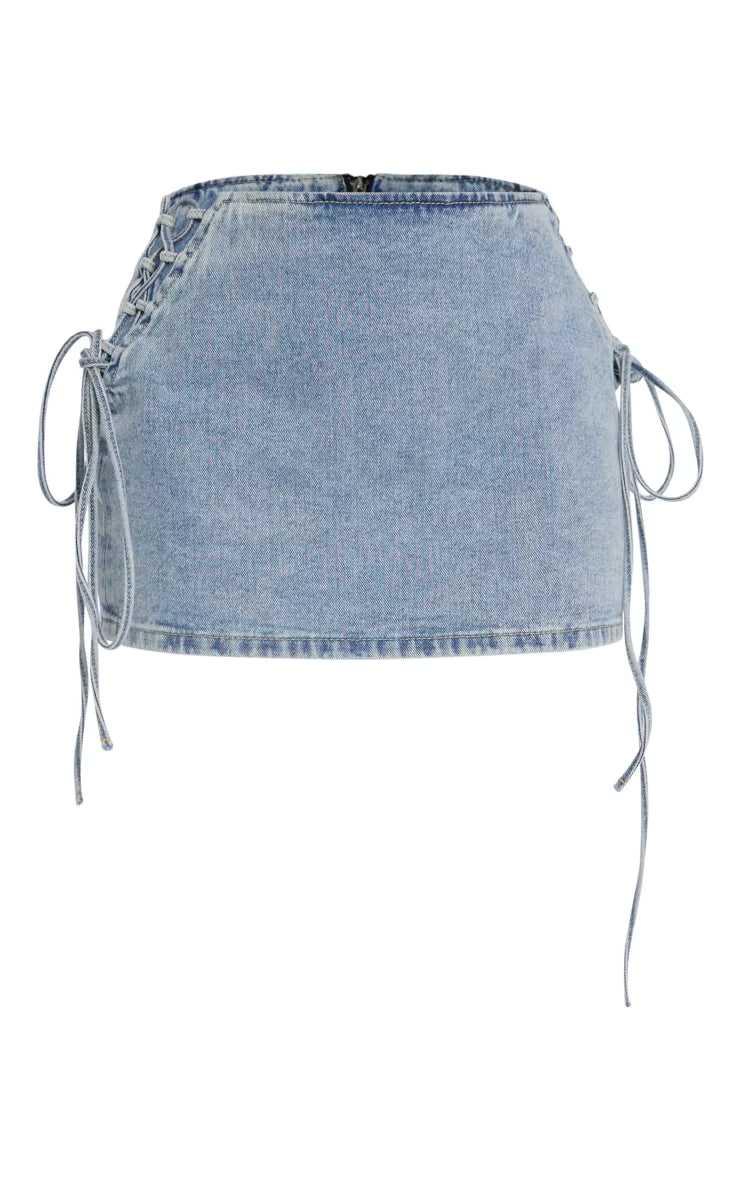 Two Piece Set Women Clothing Summer 2023 Custom Petite Vintage Wash Denim Lace up Corset Top With Pencil Mini Skirt