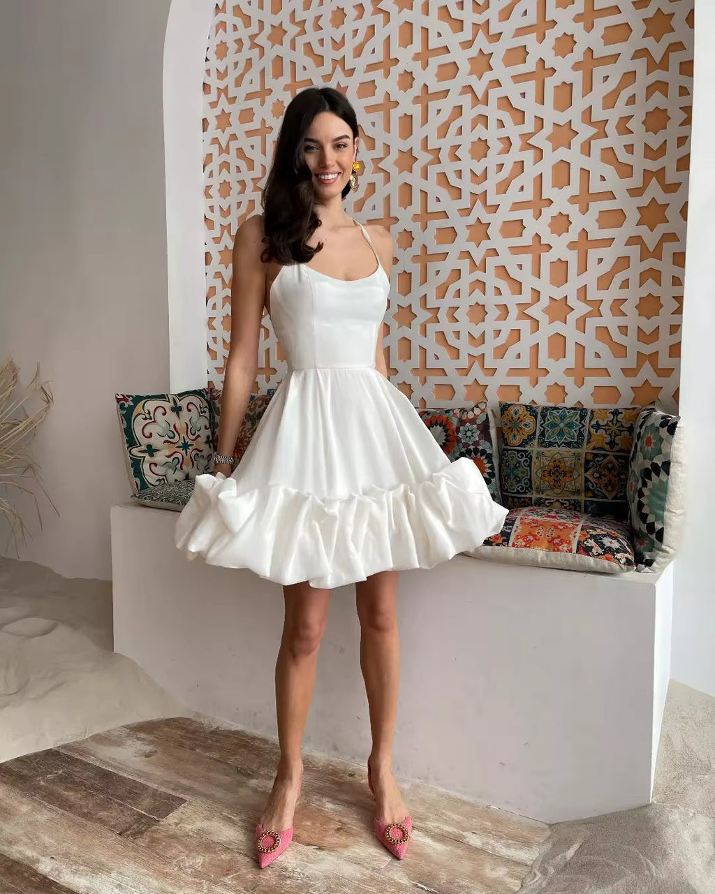 2025 Summer Fashion Women's Casual Mini Dress Off-Neck Strapless With Ruffled Hem 3D Patchwork Slim Fit Sleeveless