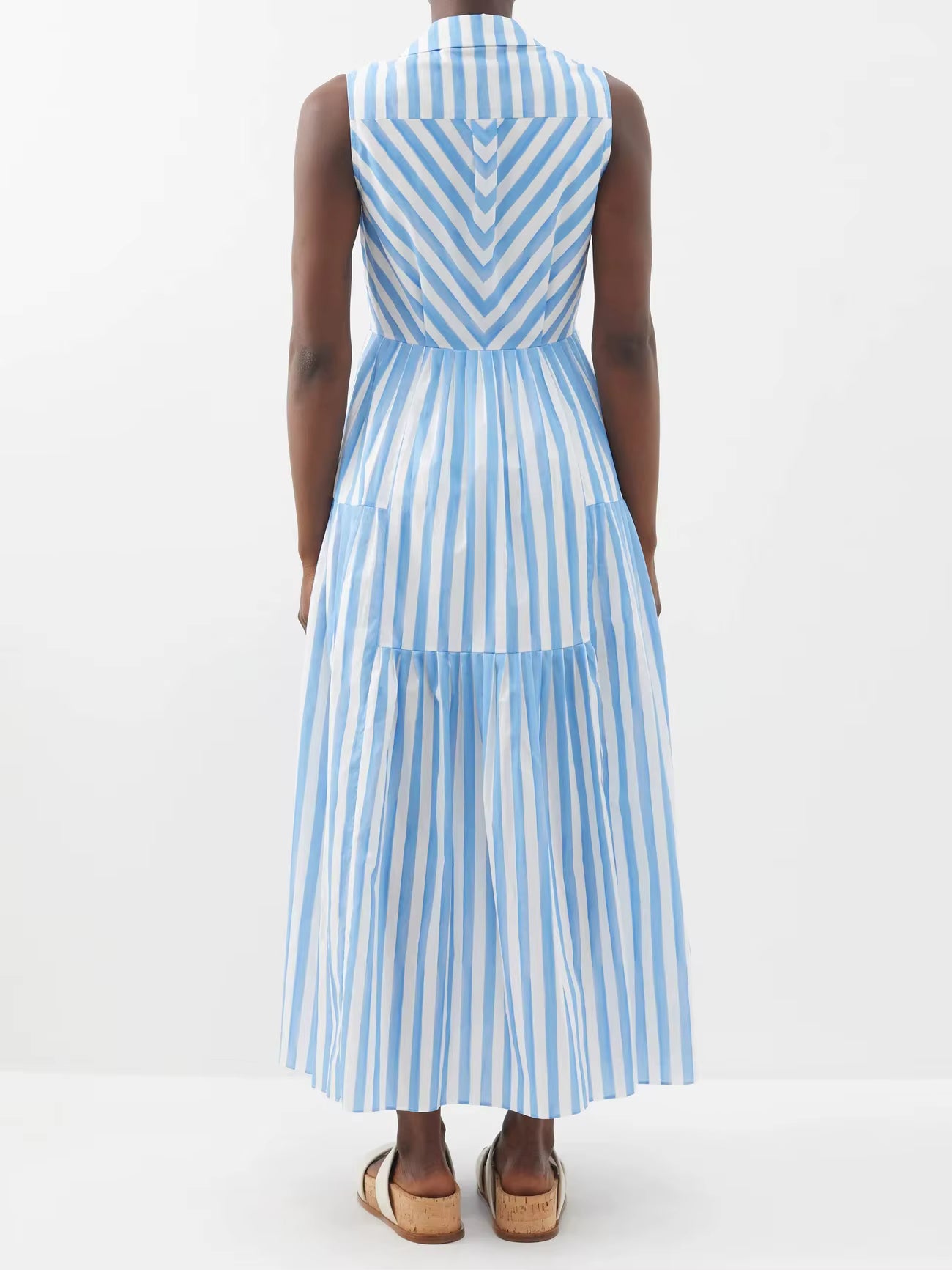 Women Summer Clothing Fashionable Front Button Down Sleeveless High Quality Cotton Striped Maxi Dress