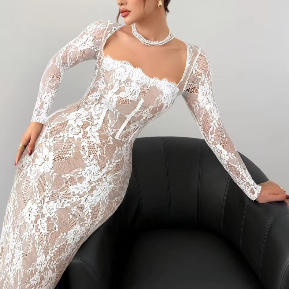 Party Dress Square Collar Ruffle Lace Decoration Eco-Friendly Maxi Length Woven Breathable Waistline Elegant Style