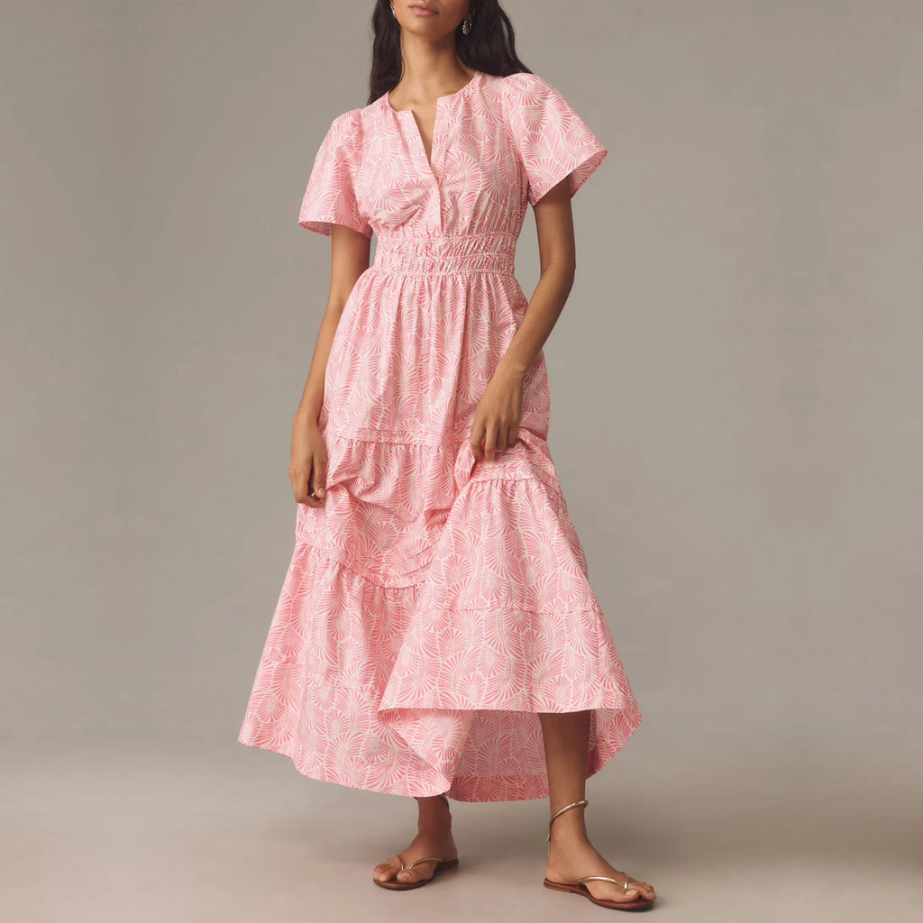 ink Summer Dress High Quality Cotton Fabric V Neck Casual Clothes Flared