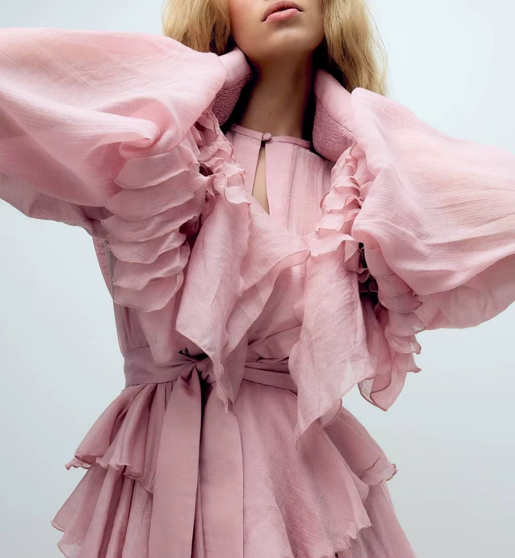 New Women Custom Pink Linen Mini Dress Summer Casual Crew Neck Lantern Sleeve High Waist Slim Pleated Eco-Friendly Breathable