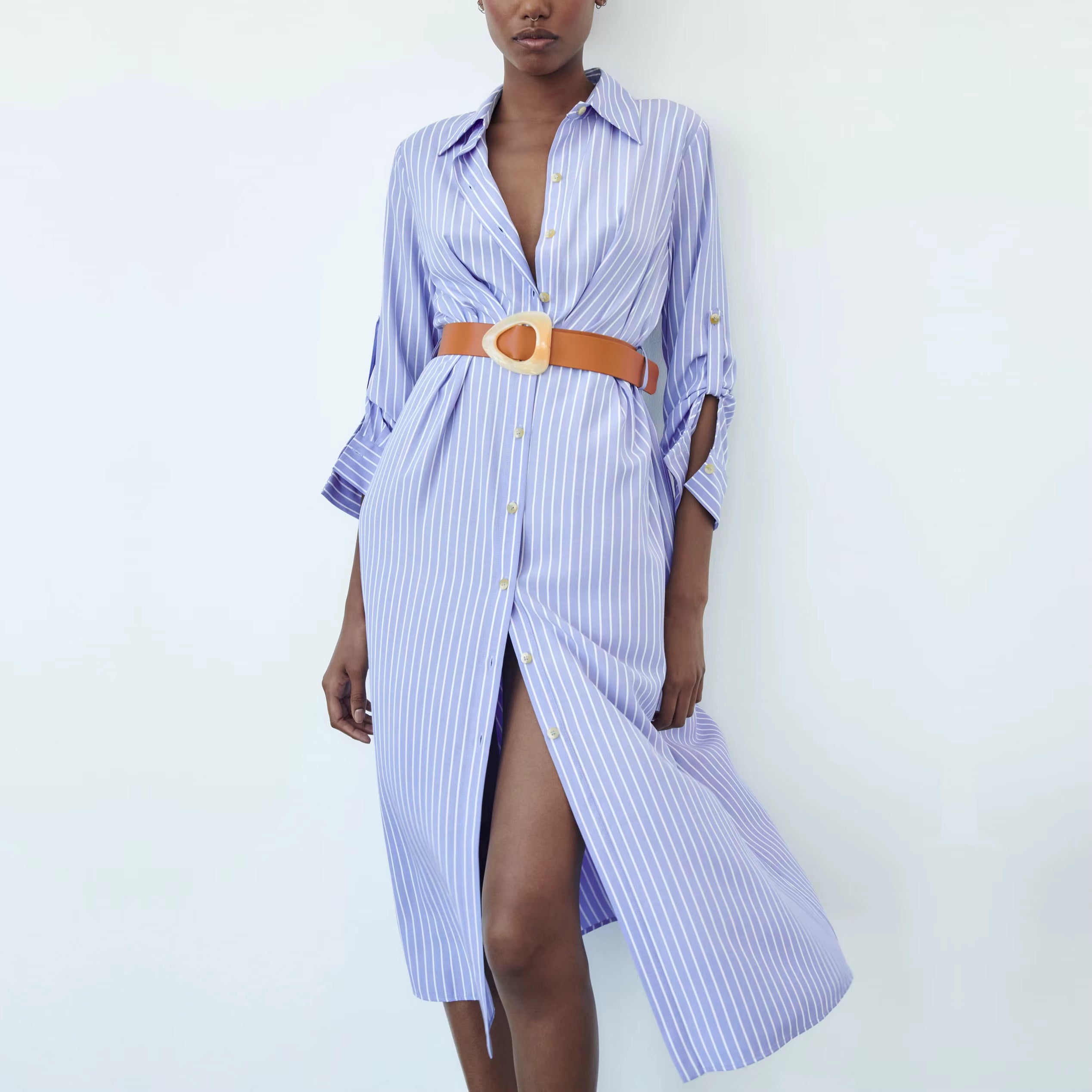 Women Spring Clothes Long Sleeve Belted Front Button up Shirt Cotton Striped Dress Women