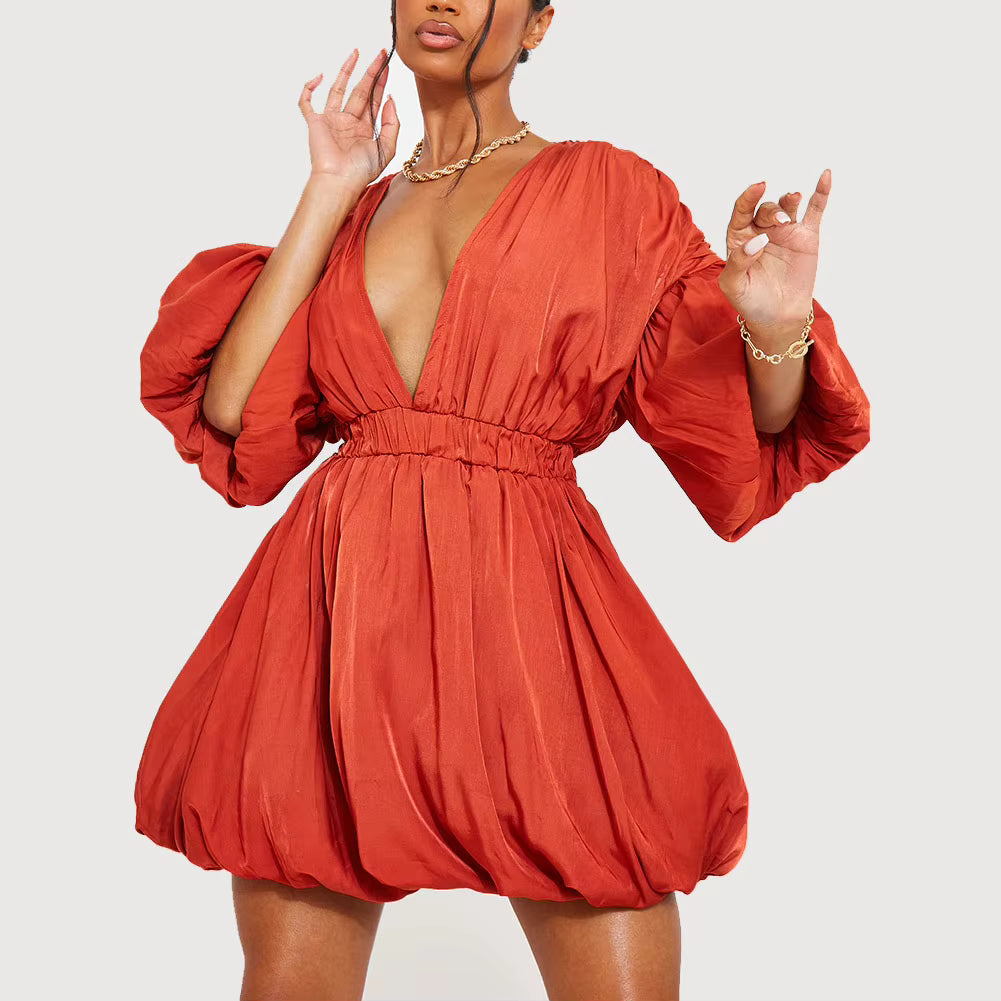 Mini Dress Cotton Polyester Crepe Sexy Deep V Neck Fashion Summer Clothing Puff Sleeve