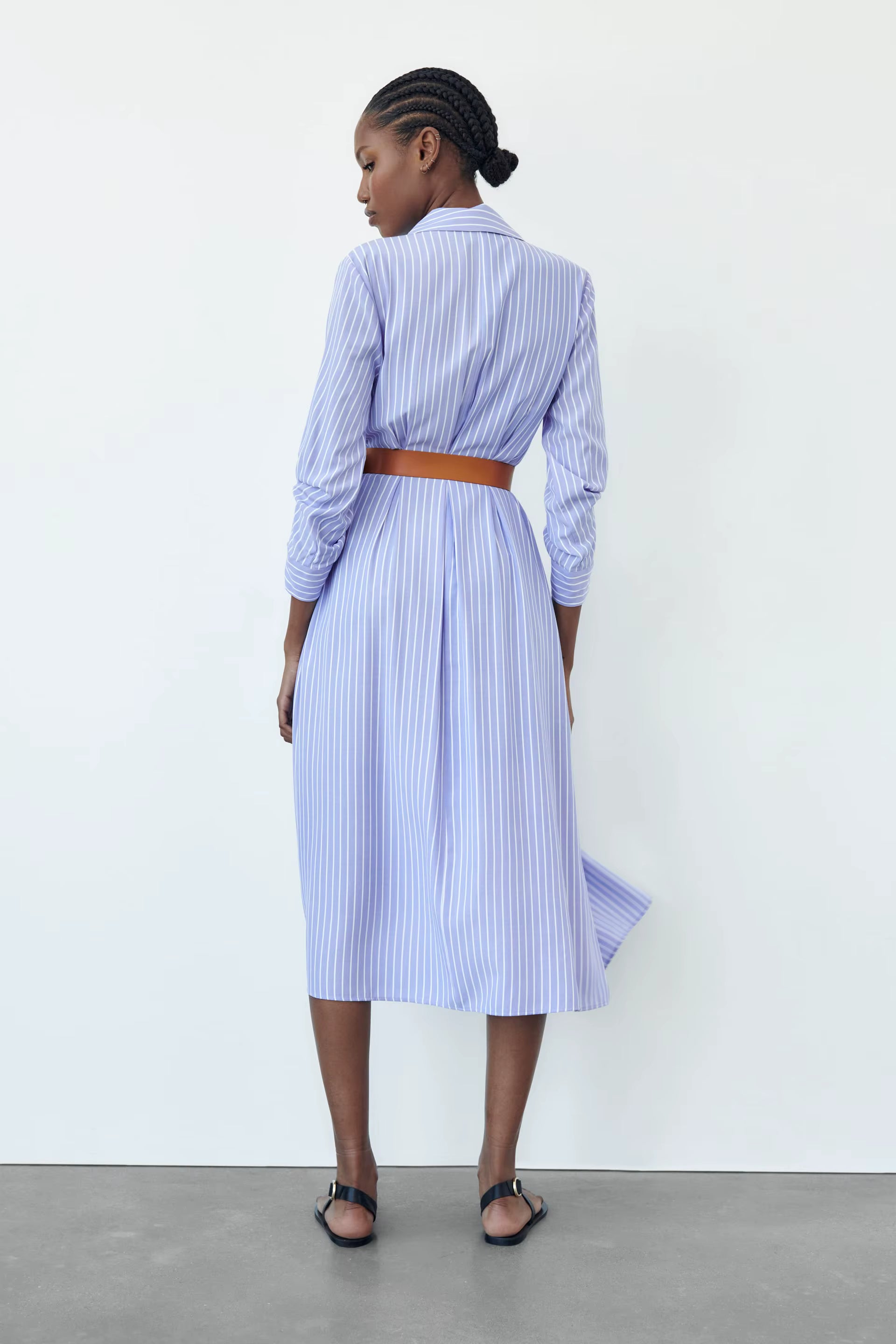 Women Spring Clothes Long Sleeve Belted Front Button up Shirt Cotton Striped Dress Women