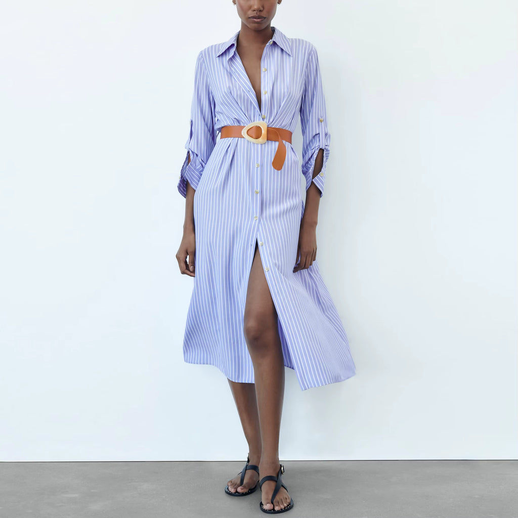 Women Spring Clothes Long Sleeve Belted Front Button up Shirt Cotton Striped Dress Women