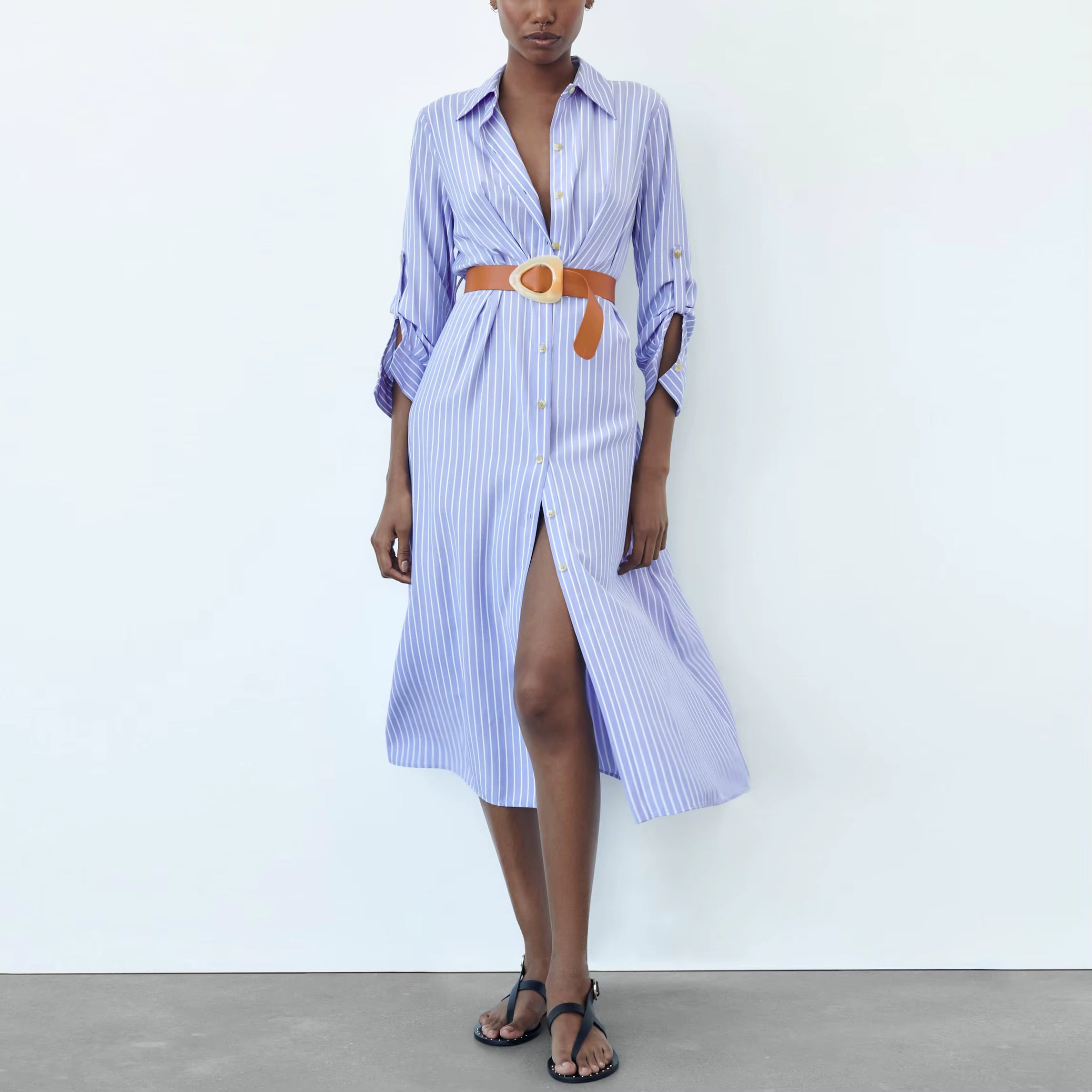 Women Spring Clothes Long Sleeve Belted Front Button up Shirt Cotton Striped Dress Women