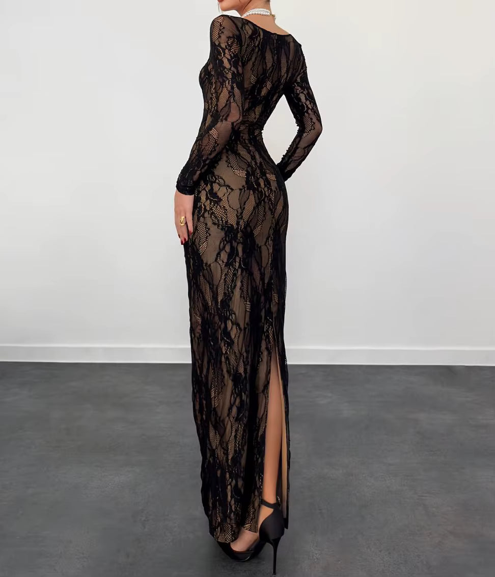 Party Dress Square Collar Ruffle Lace Decoration Eco-Friendly Maxi Length Woven Breathable Waistline Elegant Style