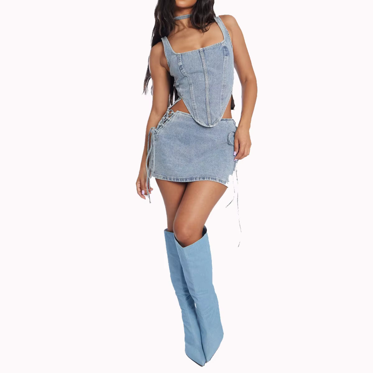 Two Piece Set Women Clothing Summer 2023 Custom Petite Vintage Wash Denim Lace up Corset Top With Pencil Mini Skirt
