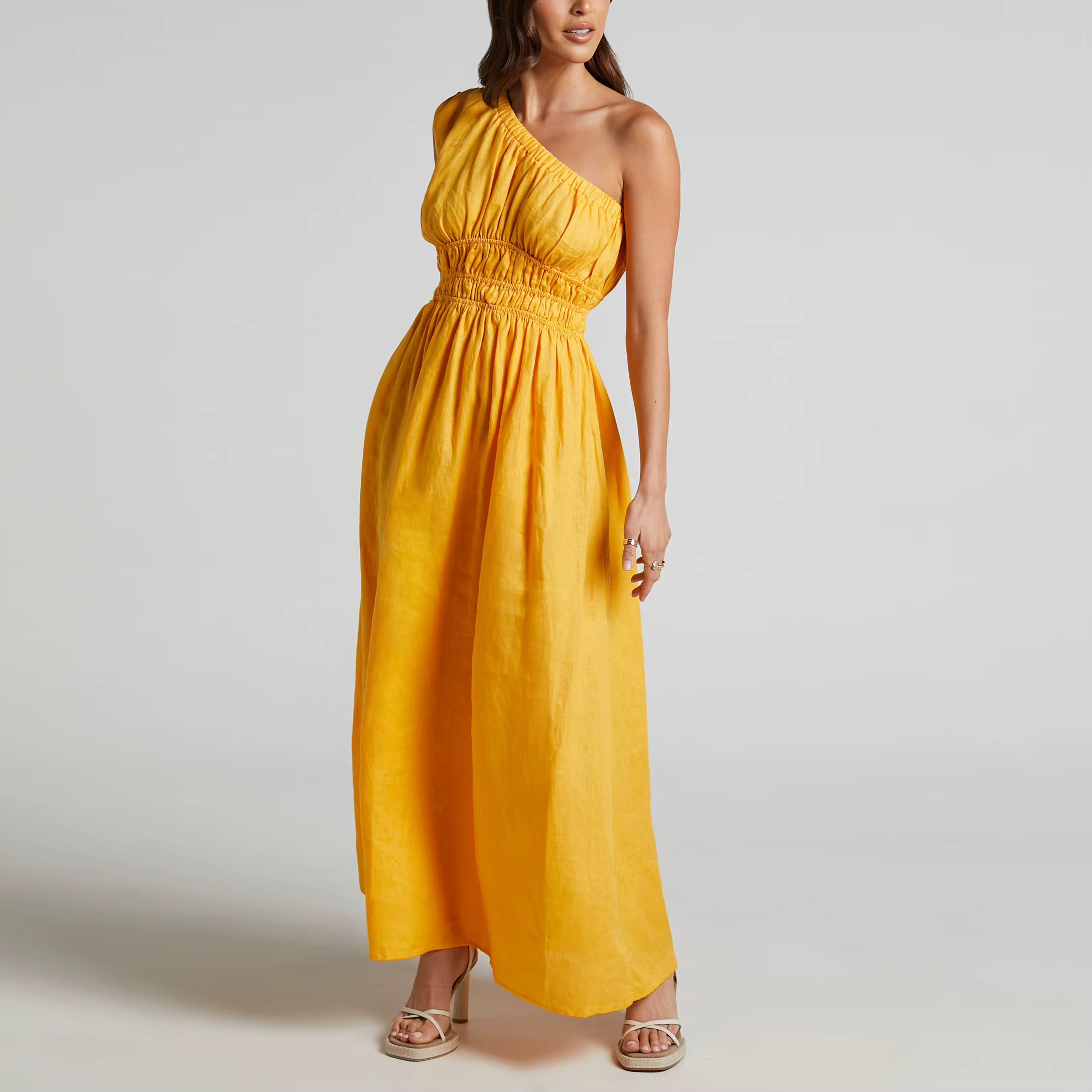 Long Smock Dress High Quality One Shoulder Cotton Linen Gathered Waist Maxi Dress