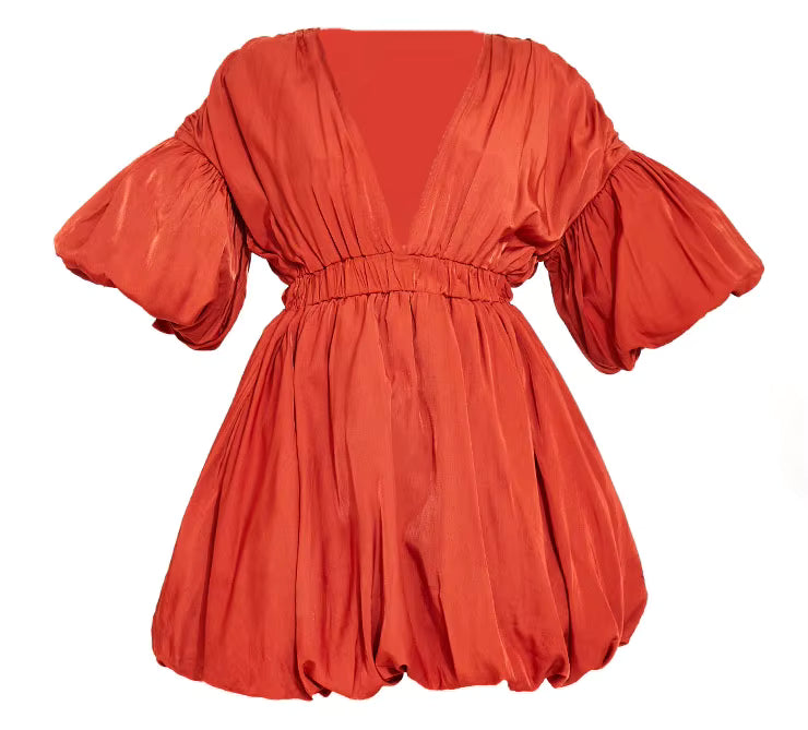 Mini Dress Cotton Polyester Crepe Sexy Deep V Neck Fashion Summer Clothing Puff Sleeve