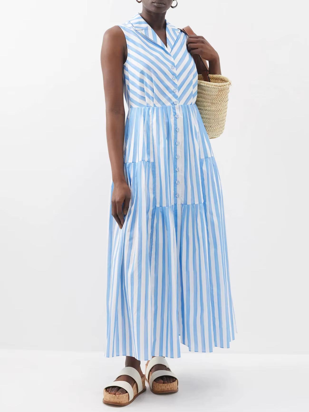 Women Summer Clothing Fashionable Front Button Down Sleeveless High Quality Cotton Striped Maxi Dress