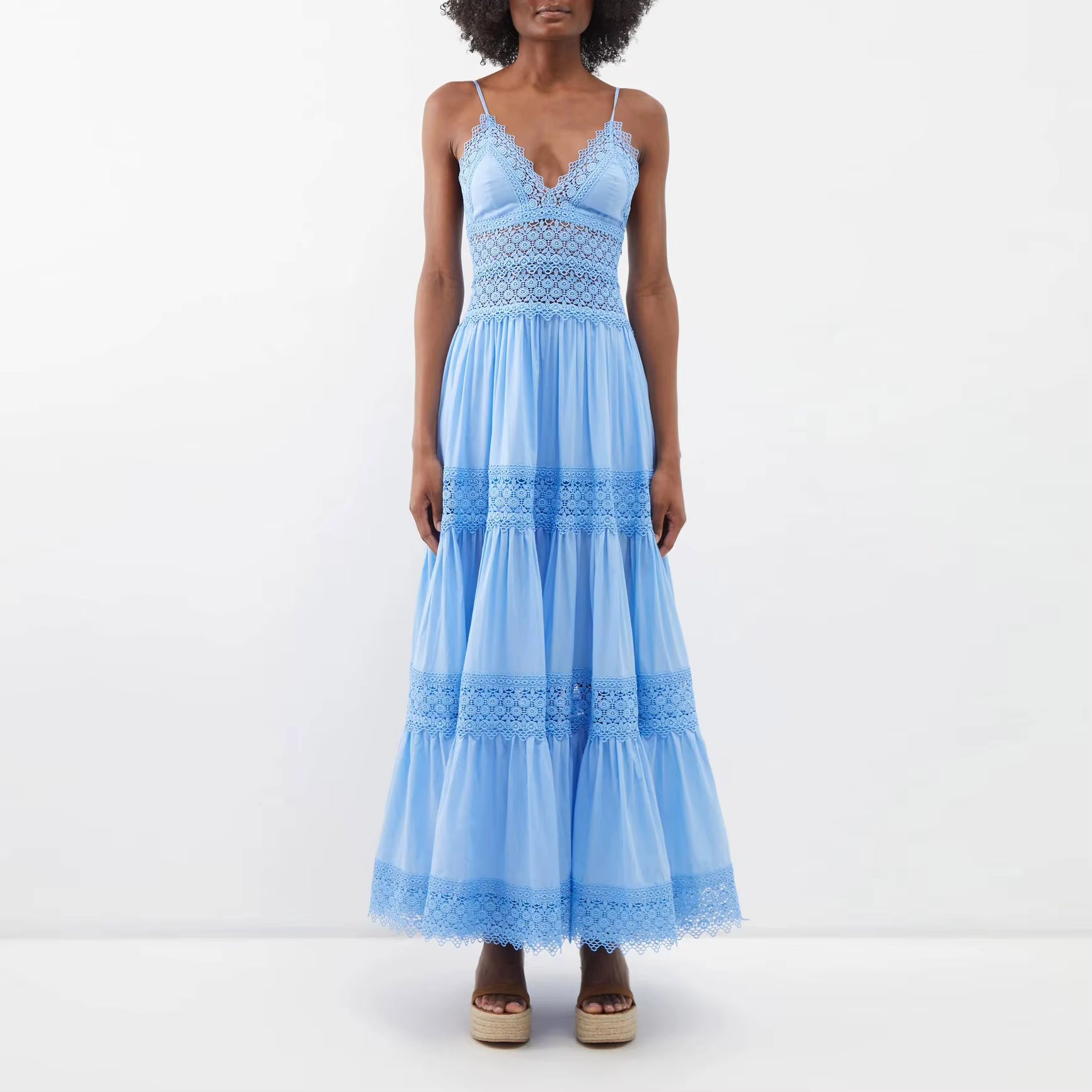 High Quality Summer Dresses V Neck Strap Fashion Lace Chiffon Casual Maxi Long Dresses Women Clothing