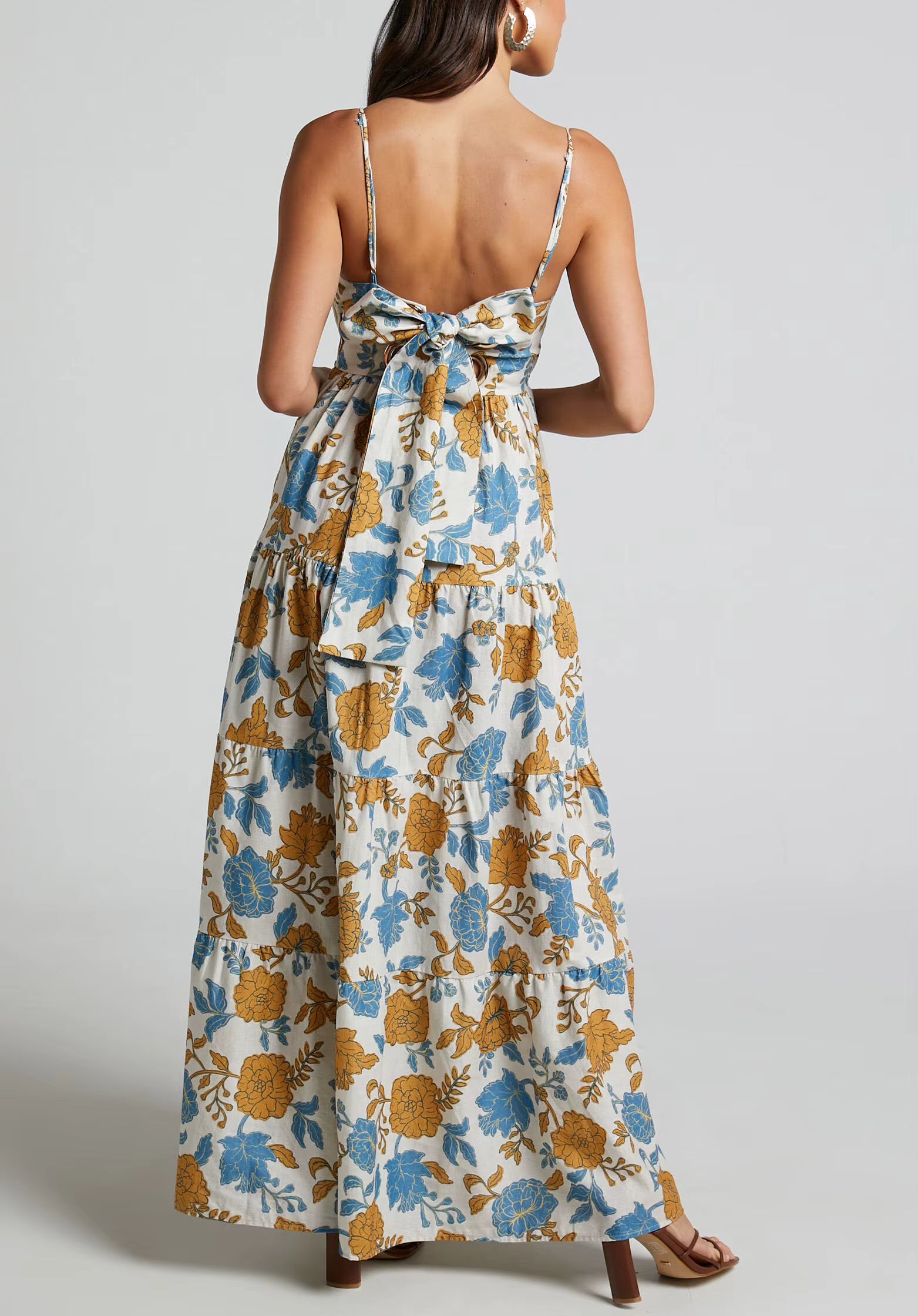 Boho Dresses Women Summer Clothing High Quality Hollow Out Waist Tie up Digital Printed Linen Boho Dress