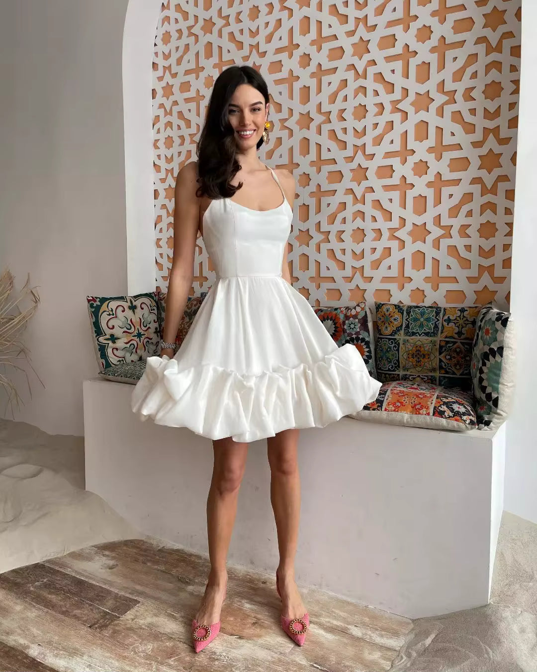 2025 Summer Fashion Women's Casual Mini Dress Off-Neck Strapless With Ruffled Hem 3D Patchwork Slim Fit Sleeveless