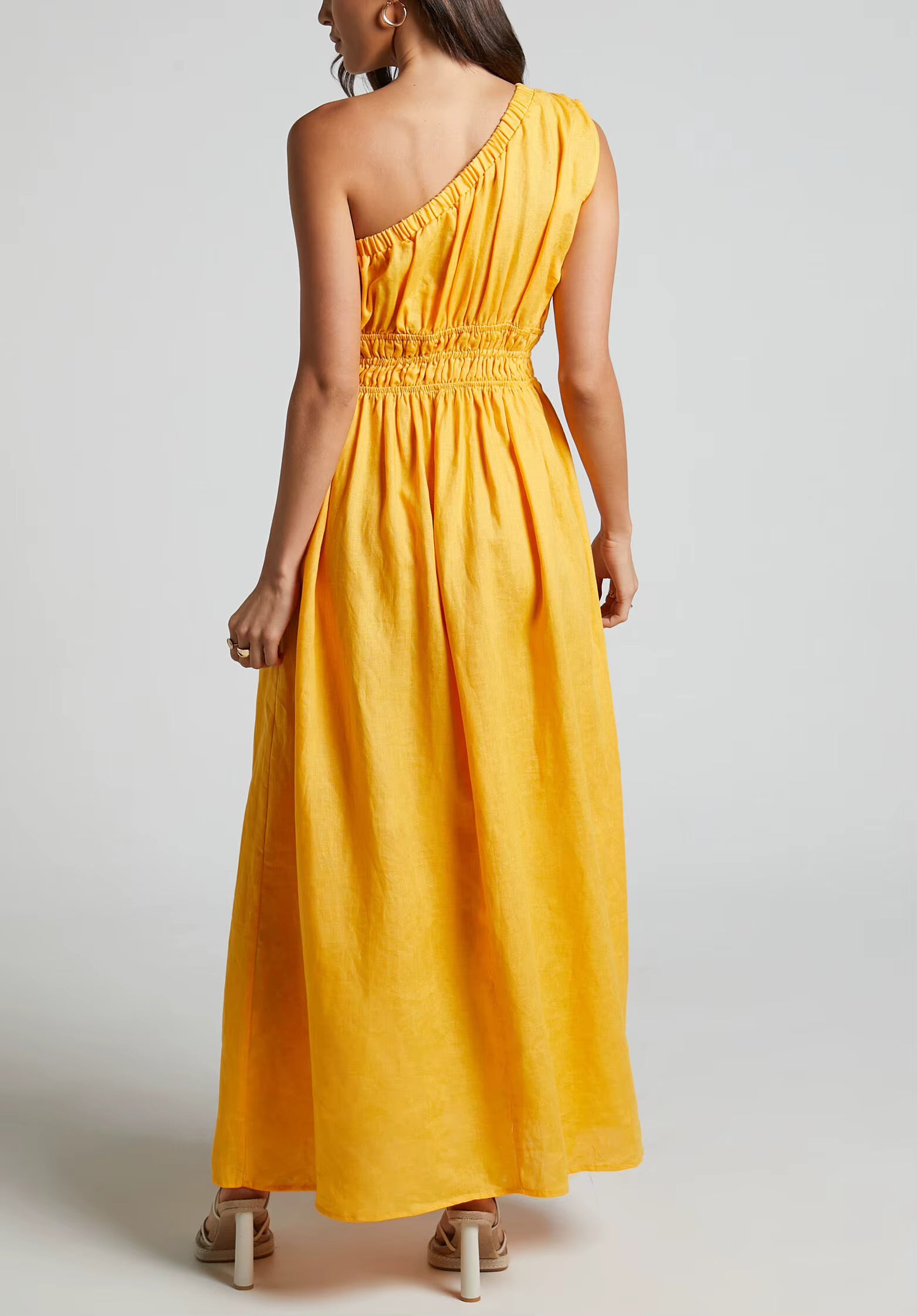 Long Smock Dress High Quality One Shoulder Cotton Linen Gathered Waist Maxi Dress