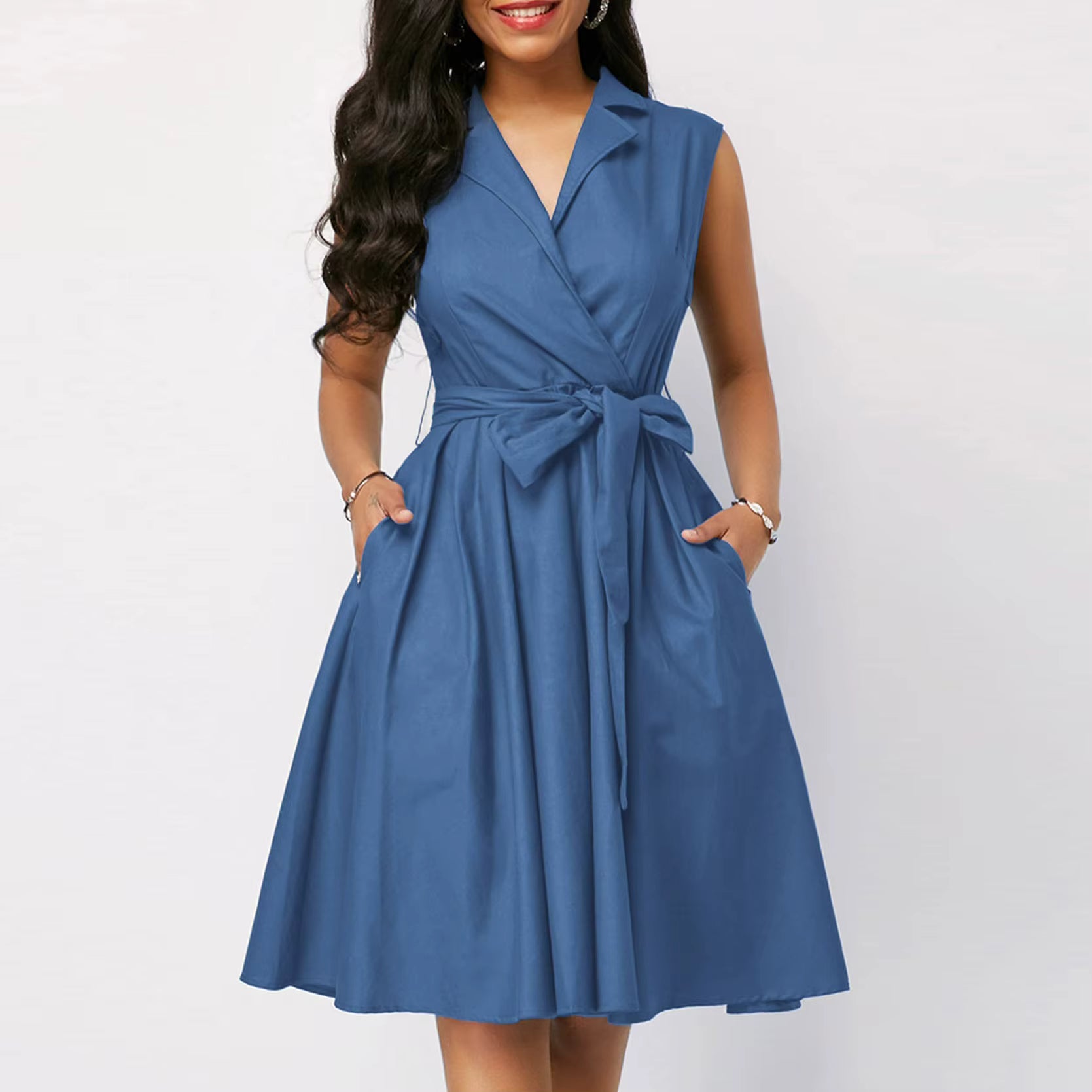 Casual Mini Dress Natural Waist Breathable Loose Fit Solid Color Short Sleeves Belt Ruffles