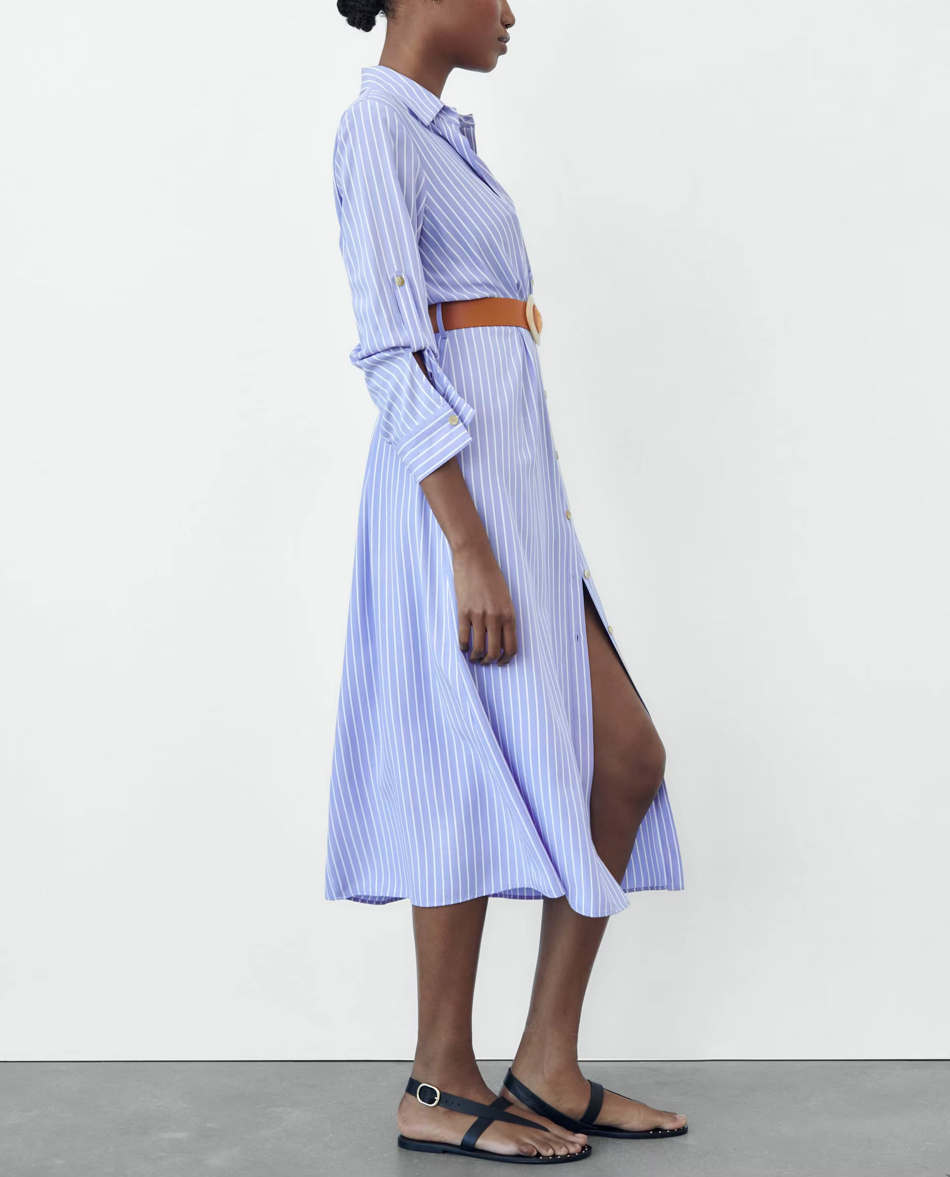 Women Spring Clothes Long Sleeve Belted Front Button up Shirt Cotton Striped Dress Women